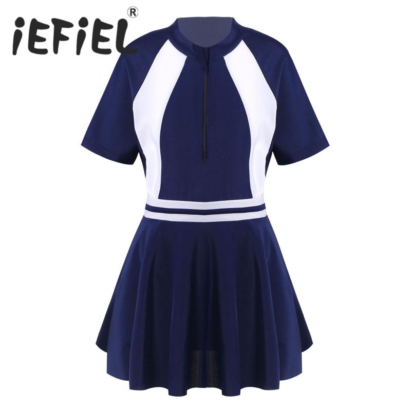 

Girls Beachwear Sets Children Swimsuit Bathing Suit Basic Short Sleeve Leotard Bodysuit With A Skirt Swimwear Outfits One-Piece Suits