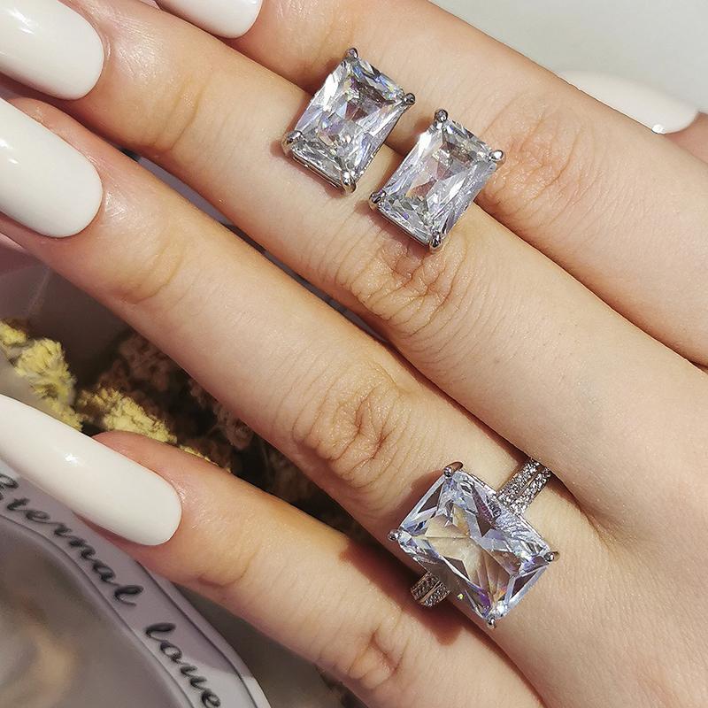 

Earrings & Necklace 2022 Big Zircon Rectangle Silver Color Bride Jewelry Set Earings Rings For Women Female Wedding Christmas Party GiftJ671