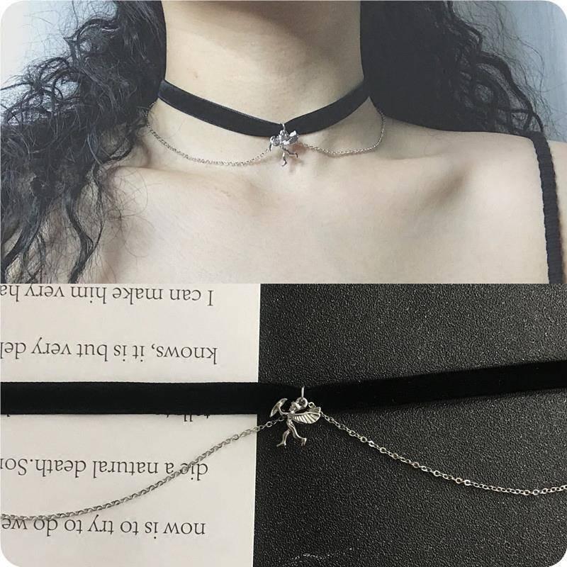 

Pendant Necklaces Vintage Girl Choker Angel Love God Cupid Cross Necklace Collar, Silver