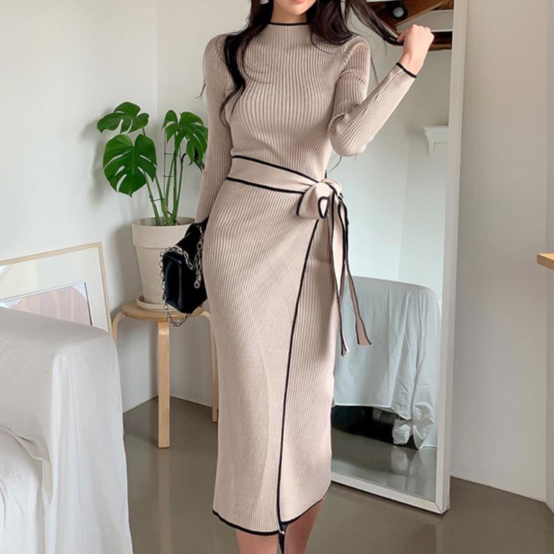 

Casual Dresses Chic Korean Elegant Knitted Maxi Dress Female's Stand Collar Long Sleeve Bow Sashes Sexy Bodycon Autumn Winter Sweaters M0304, Black;gray