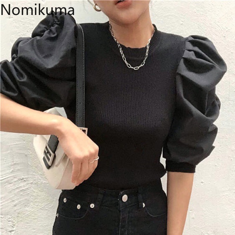 Nomikuma Spring Summer New Women Blouses Puff Short Sleeve Patchwork Knitted Shirt Korean Elegant Slim Top Blusas 6F893 210427