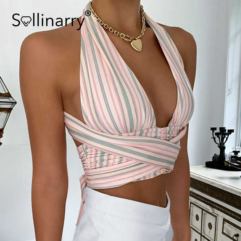 

Sollinarry Night club deep V women fold camis street style Y2K sexy stripe bandage halter crop top summer Fashion female tank 210709, Pink
