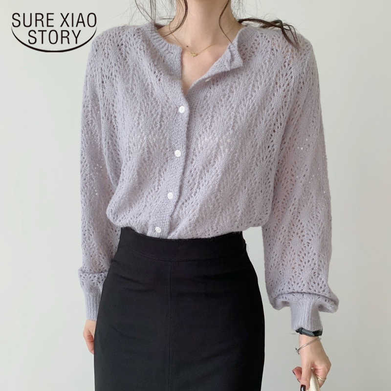 

Blusa Feminina Knitted Cardigan Hollow Out Blouses Women Casual Lantern Long Sleeve Shirts Women Solid Elegant Tops 9824 210527, Purple