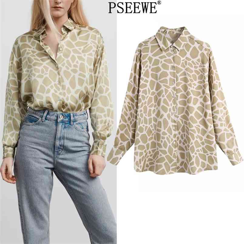 

Spring Khaki Animal Print Satin Shirt Women Long Sleeve Top Woman Fashion Loose Casual Button Up Vintage Blouse 210519