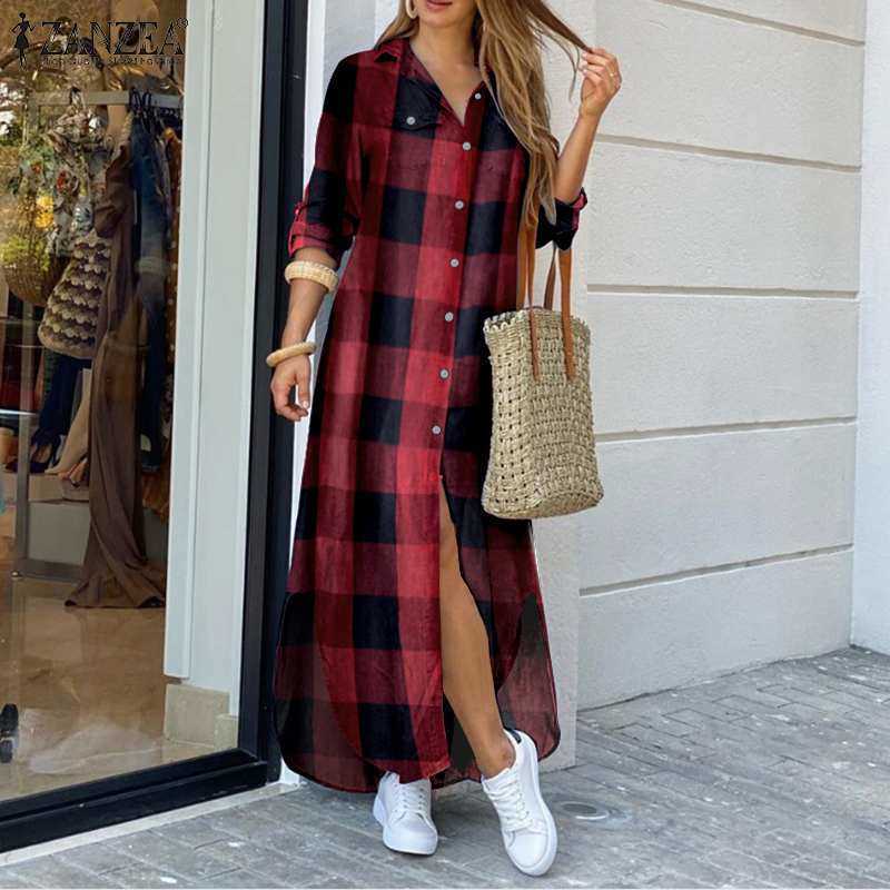 

Women's Fashion Autumn Long Dresses Casual Plaid Robe Femme Party Full Sleeves Vestidos ZANZEA Lapel Shirt Dress Oversized 5XL Y0603, Black