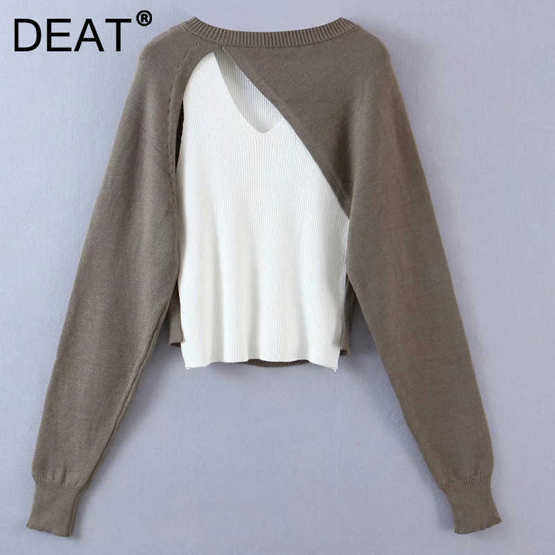 

DEAT Women's Asymmetrical Personality Fashion Street Pullover Arrivals Long Sleeve Spring Autumn 11D1591 210709, Coffee and white