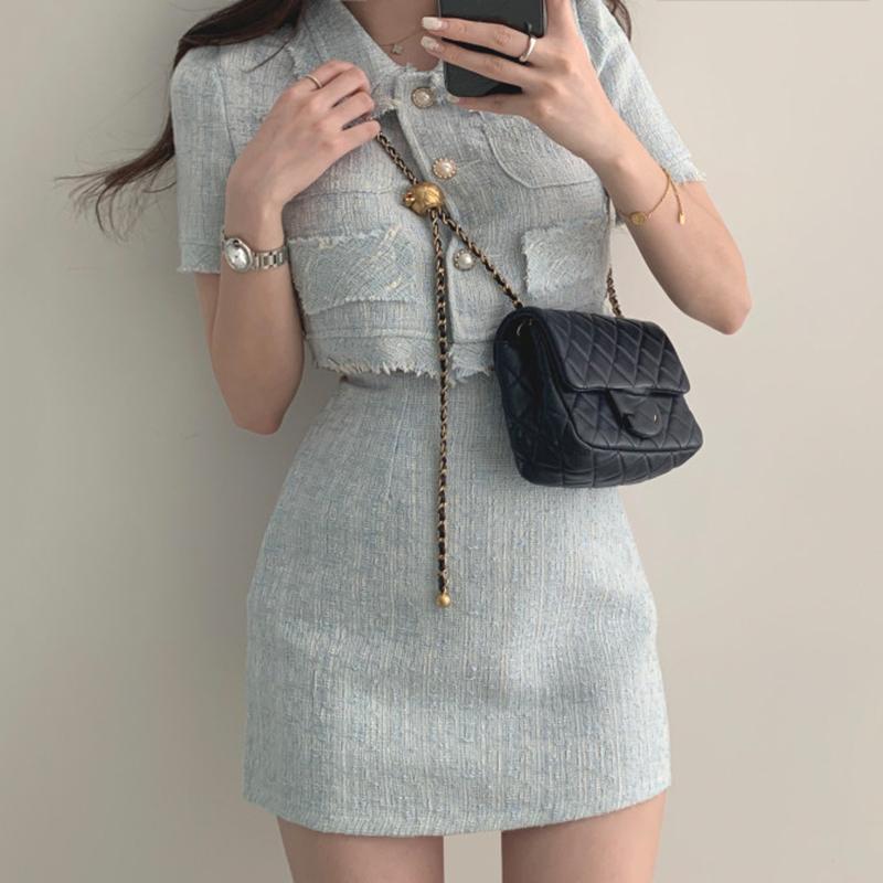 

Work Dresses Women Summer Two 2 Piece Set Korean Style Elegant Single Breasted Tassle Short Sleeve Tops And High Waist Bodycon Mini Skirt, Photo color