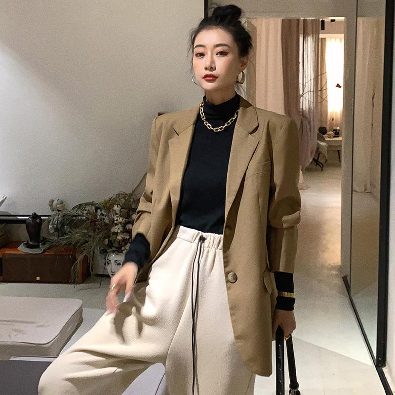 

Women' Suits & Blazers FTLZZ Spring Autumn Women Fashio Single Breasted Notched Long Sleeve Blazer Female Casual Solid Color Loose Khaki Su