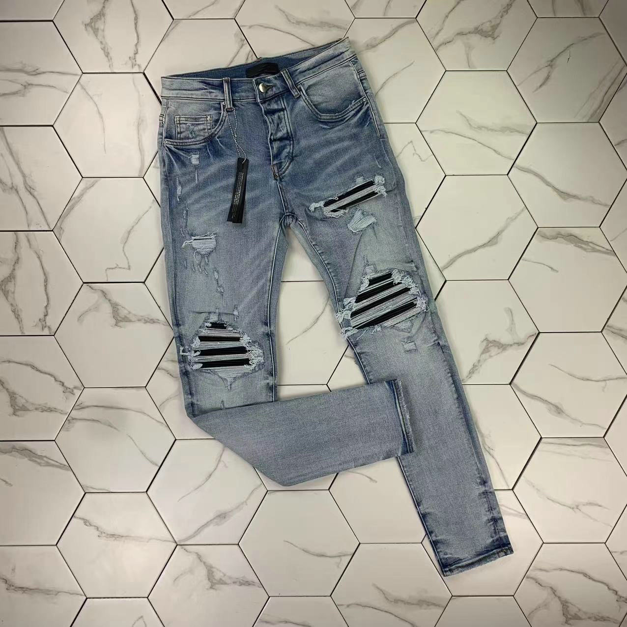 

HM500 High quality Mens jeans Distressed Motorcycle biker jean Rock Skinny Slim Ripped hole stripe Fashionable snake embroidery Denim pants, Blue