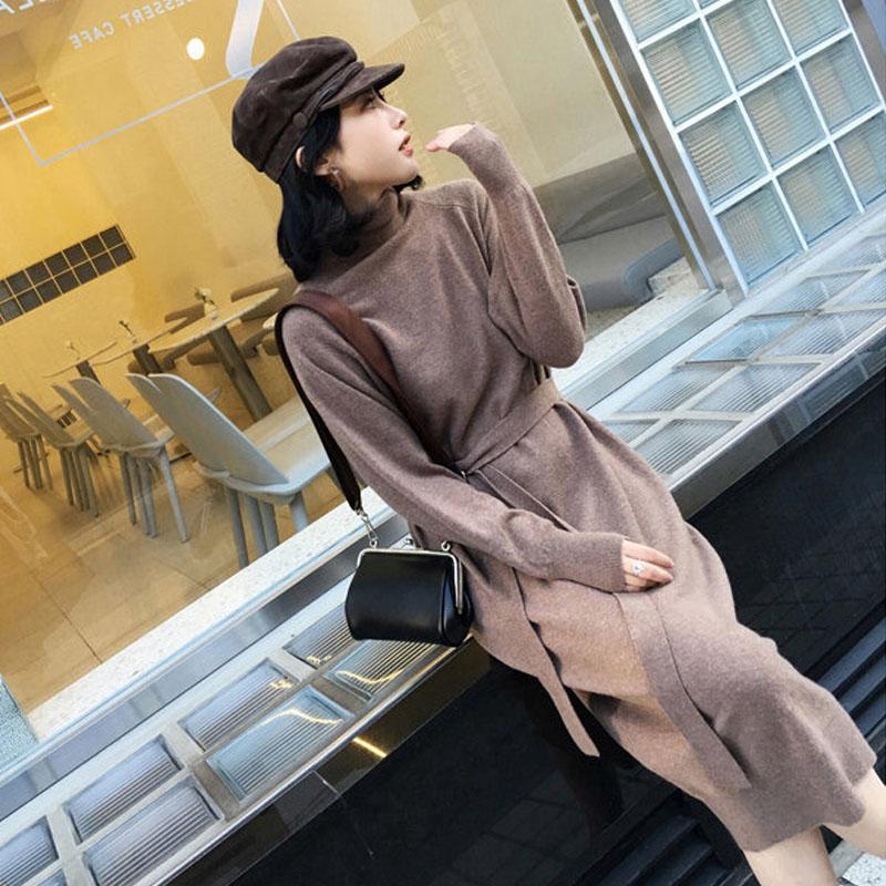 

Casual Dresses Philosophy Women Winter Sash Sweater Knitted Vintage Slim Elastic Turtleneck Long Sleeve Bodycon Robe Vestidos, Khaki