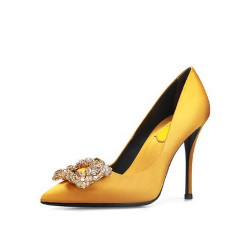 Robe chaussures classiques femmes pompes de cristal de soie jaune boucle carrée pointu one plate-forme 10cm mince talons hauts dames mariage mari