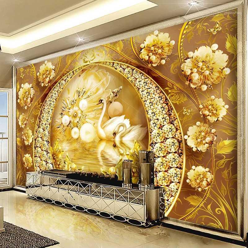 

Custom 3D Wall Murals Wallpaper Swan Lake Golden Jewelry Diamond Flower Luxury Living Room Sofa TV Background Po Fresco
