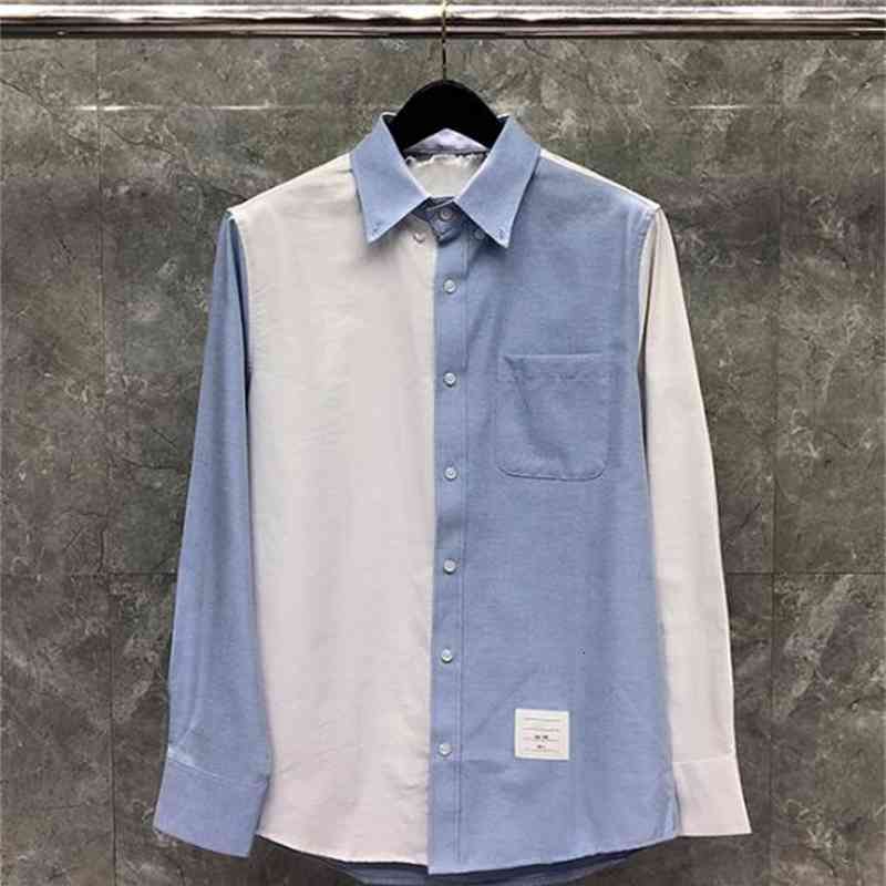 

shirt Fashion TB THOM Brand Shirts Men Slim White Blue Patchwork Long Sleeve Casual Shirt Turn Down Collar Oxford Men's Clothing, White;black