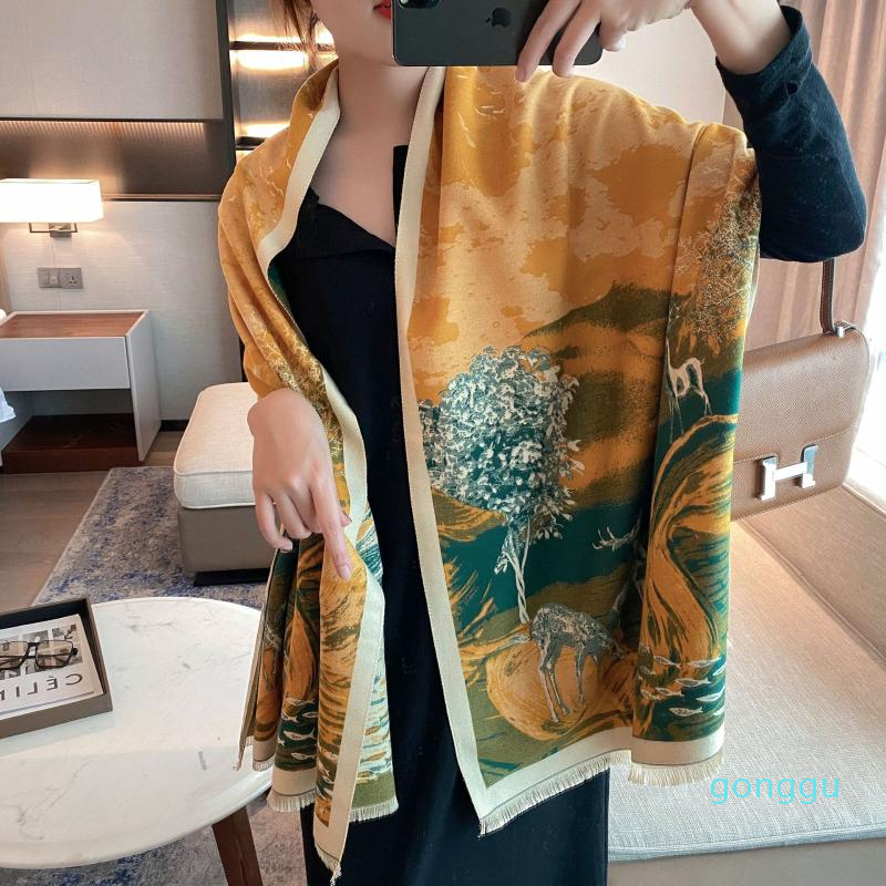 

luxury- Scarves Landscape Print Warm Scarf For Women Cashmere Shawl Wrap Designer Neck Bandana Thicken Blanket Female Stole Foulard