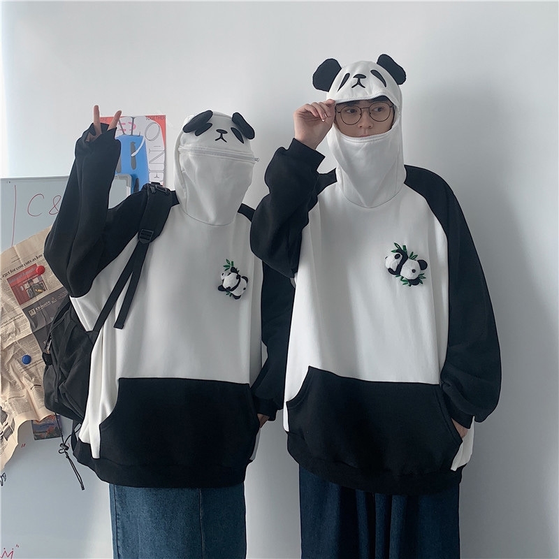 

Languid wind loose hooded lovers' Panda doll Pullover Sweater women' minority design sense versatile Plush coat, White