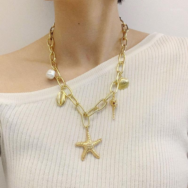

Chains Bohemian Starfish Shell Gems Multi Layered Necklace For Women Vintage Pearl Star Pendant Geometric Collier Collares