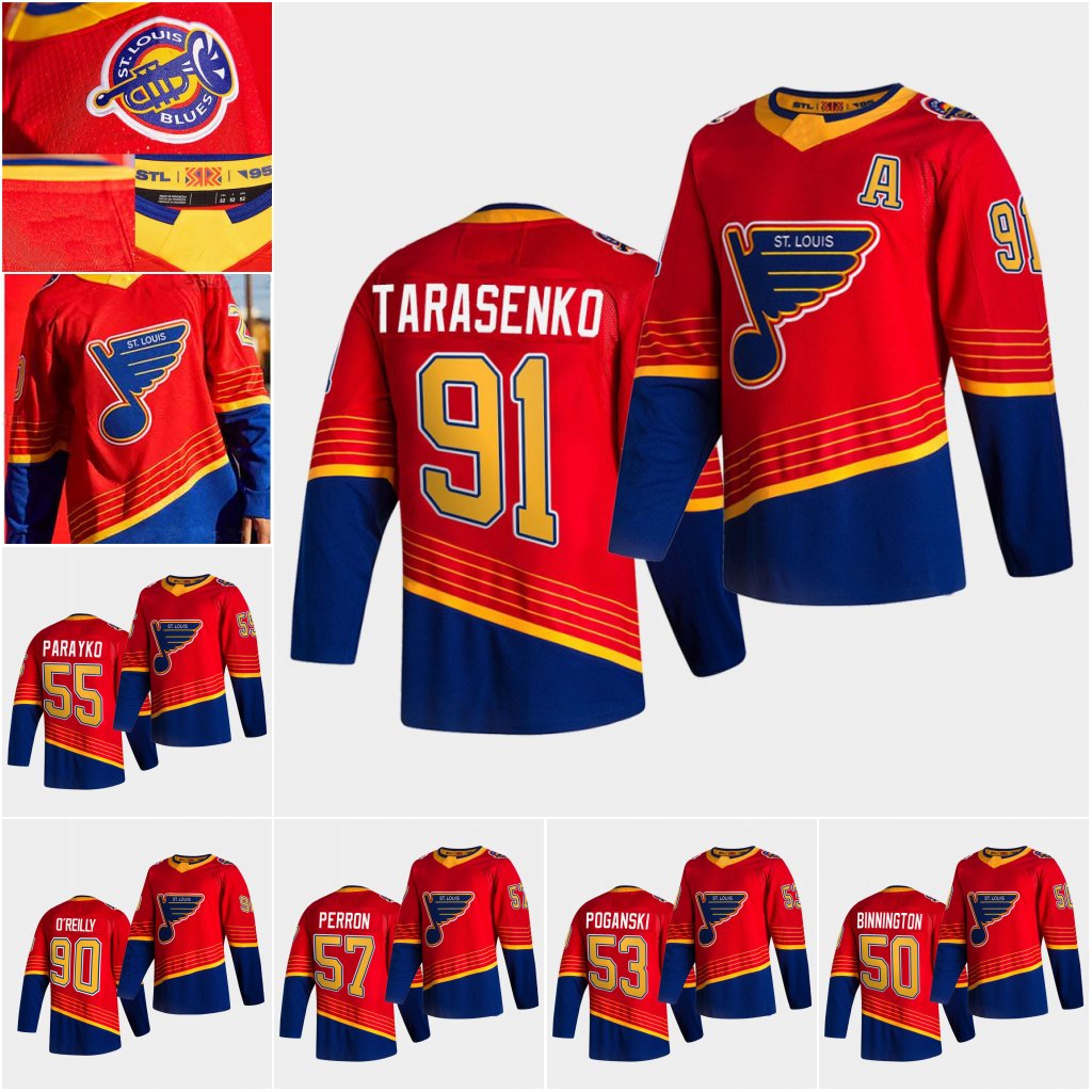 

90 Ryan O'Reilly St. Louis Blues 2021 Reverse Retro jersey Vladimir Tarashenko Vince Dunn Tyler Bozak Alex Pietrangero Binnington Bryde, Black;red