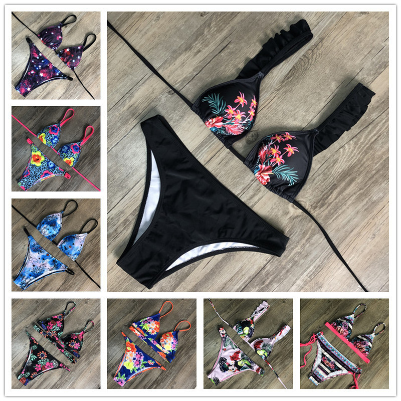 2021 New Sexy Solid Printed Bikini Split Swimsuit-image-671659124