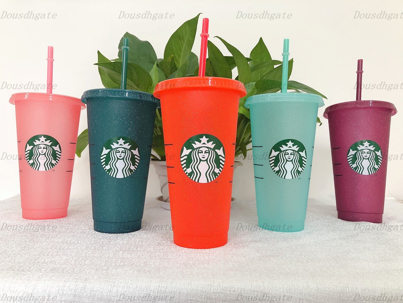

Starbucks plastic cup flash cup 24OZ/710ML transparent color changing cup plastic beverage juice with lip straw magic coffee custom, Write color after purchase