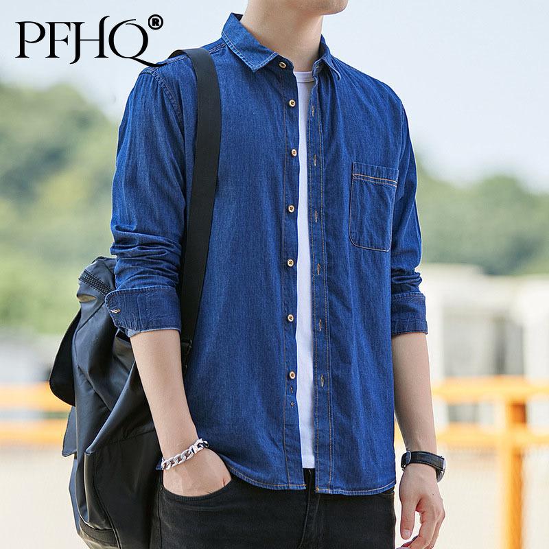 

Men's Casual Shirts PFHQ 2021 Autumn Cotton Denim Men's Shirt Slim Single Breasted Male Tops Turn-down Collar Elegant Tide 21D8831, White;black