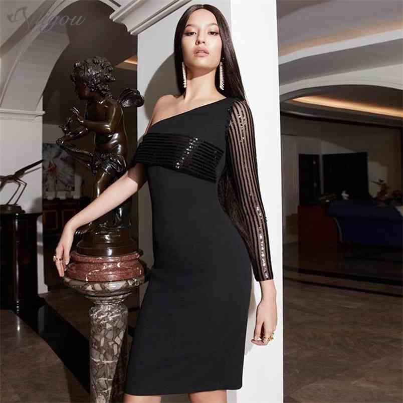 

Sexy Long Sleeve One Shoulder Sequined Black Bodycon Ladies Midi Bandage Dress Summer Elegant Celebrity Party 210525