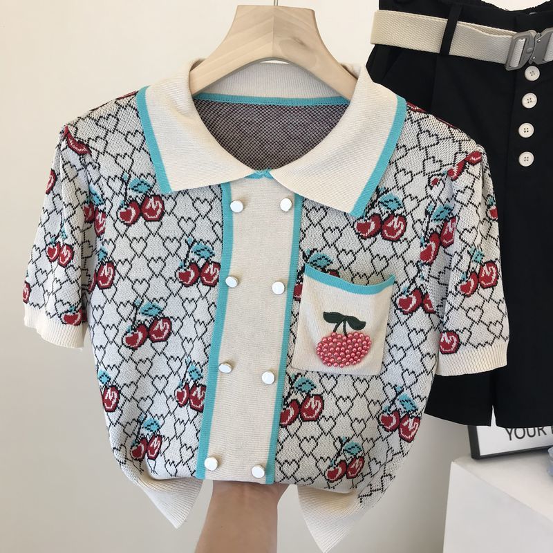 

Summer women' cardigan lapel short-sleeved contrast color love beaded cherry embroidery thin knitted top 210525, Green