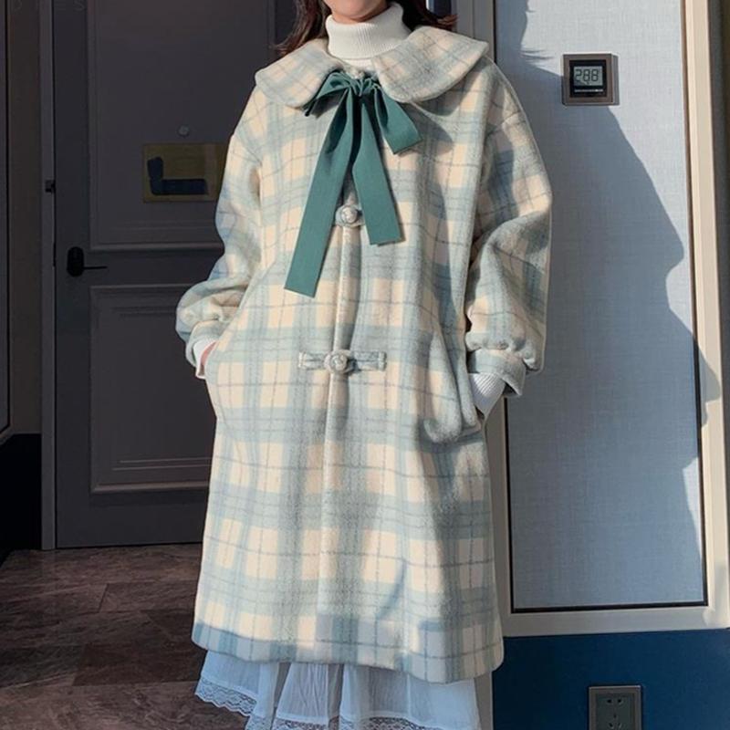 

Women' Wool & Blends Plaid Women Bow Single Breasted Japanese Woolen Coats Chic Trendy Kawaii Harajuku Jackets Students Female Clothing, Green