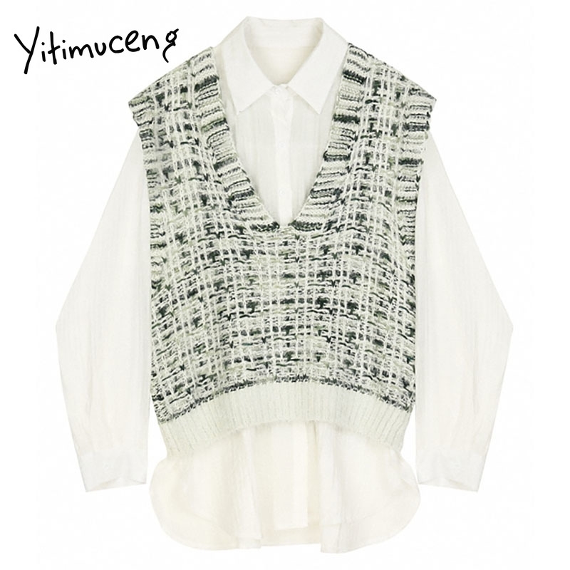 

Yitimuceng Knitting Plaid Tank Tops 2 pieces Blouse Women Long Sleeve Button up Casual Shirts Straight Spring Fashion 210601, White