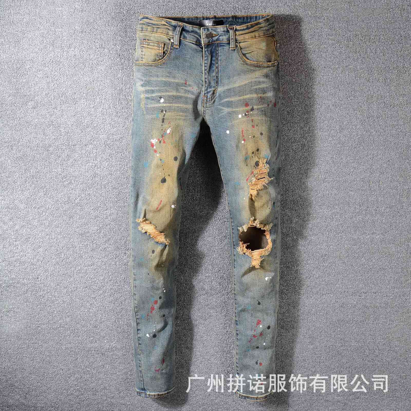 

Fashion outlet pleated color matching Men's jeans youth slim Leggings #556, Blue