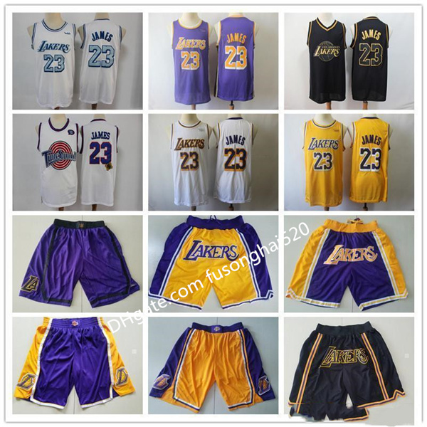 

In stock 2021 Mens Los Angeles Throwback Lakers LeBron White James Basketball Shorts Basketball Jerseys Black Yellow, Black;red