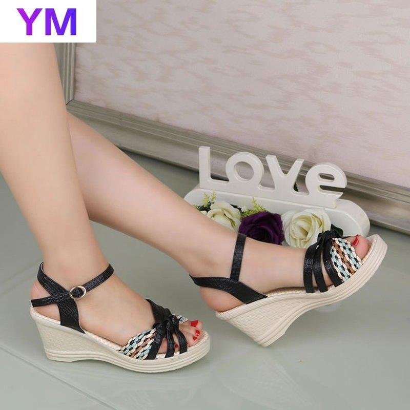 

Summer Bohemian Wedge Sandals Women Casual Shoes Fashion Cork Woven Platform Ladies 35-41, Black