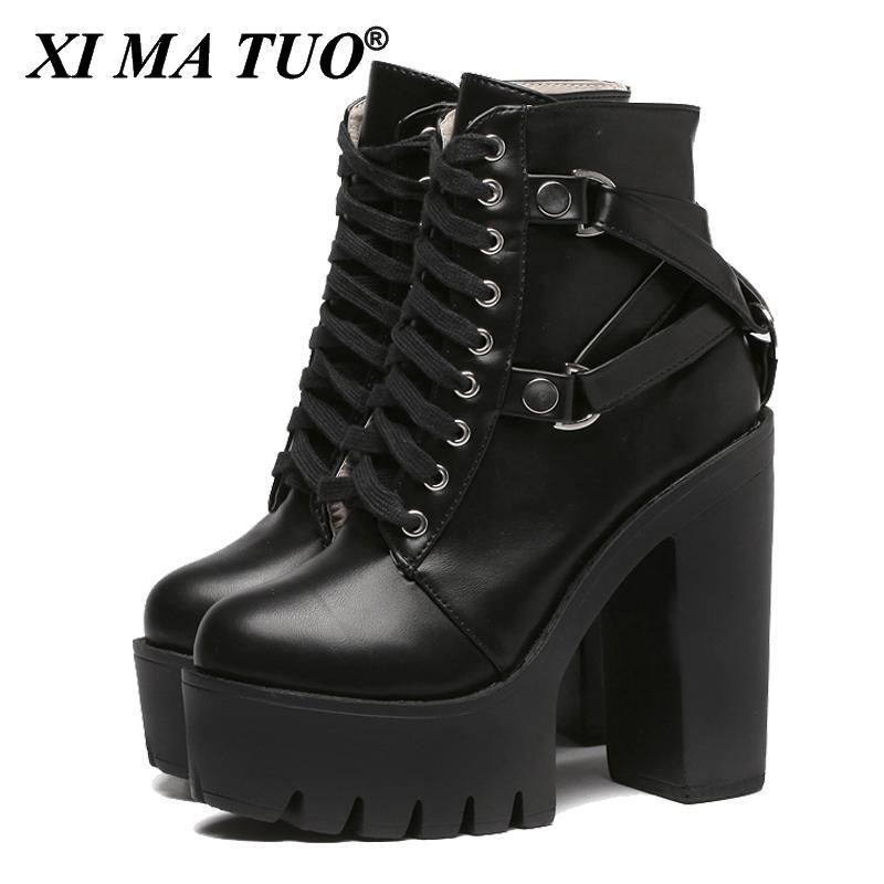 

Boots Fashion Black Women Heel Spring Autumn Lace-up Soft Leather Platform Shoes Woman Party Ankle High Heels Punk