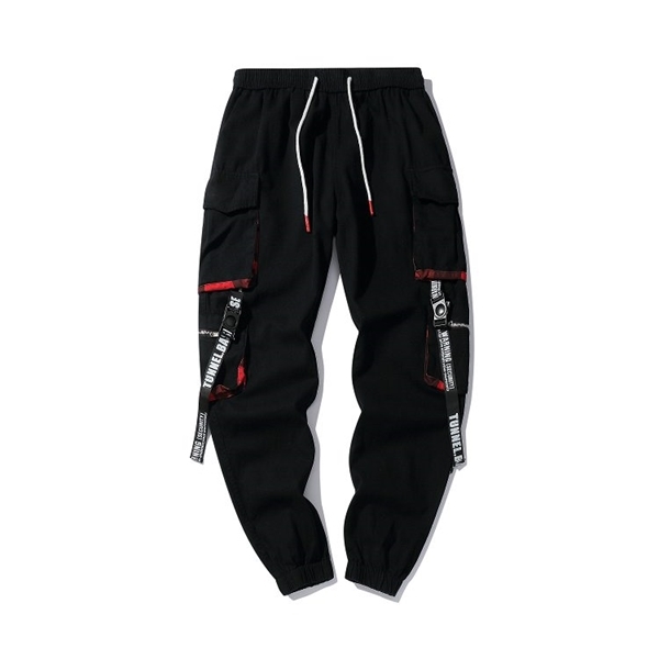 

2021 Joggers Cargo Pants for Men Casual Hip Hop Hit Color Pocket Male Trousers Sweatpants Streetwear Ribbons Techwear Pants X0611, Black