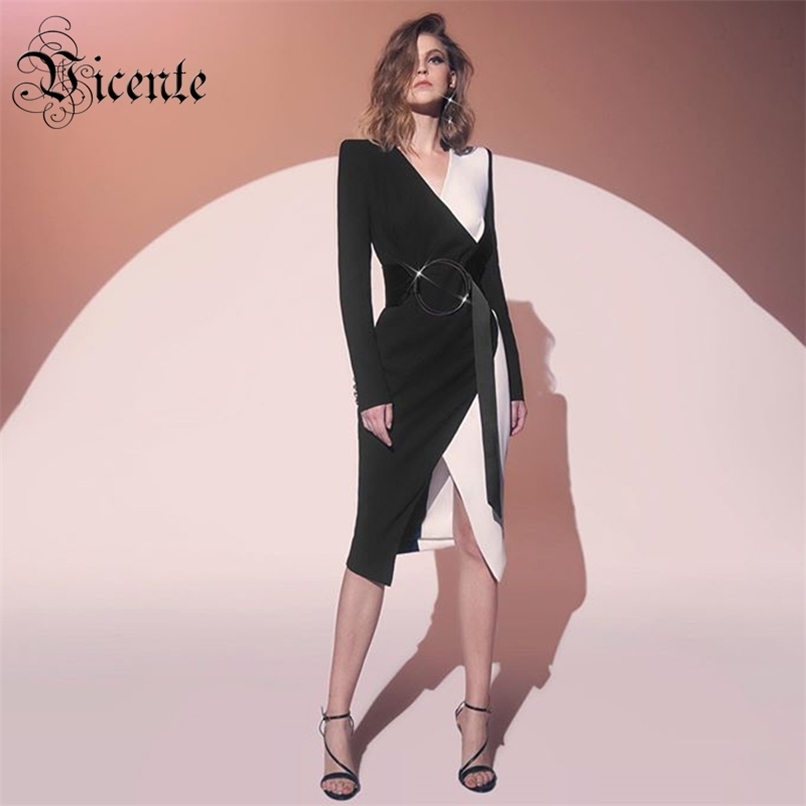 

Trendy Color Block Long Sleeves Sashes Design Sexy V Neck Celebrity Party Club Bandage Dress 210520, Multi