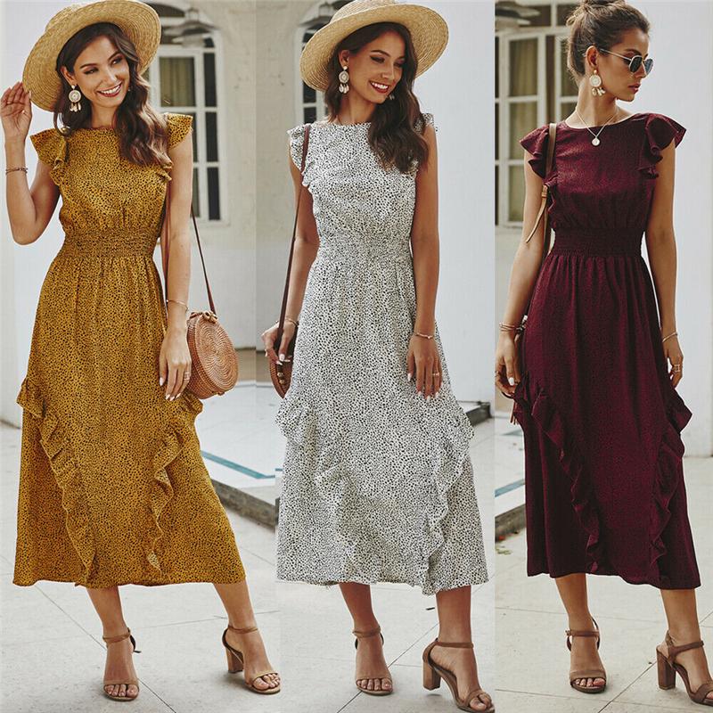 

Casual Dresses Red Ruffle Long Maxi Dress Print Plus Size Sexy Summer Beach Clothes Womens Vestidos Elegant Robe Boho Party Club, Black;gray