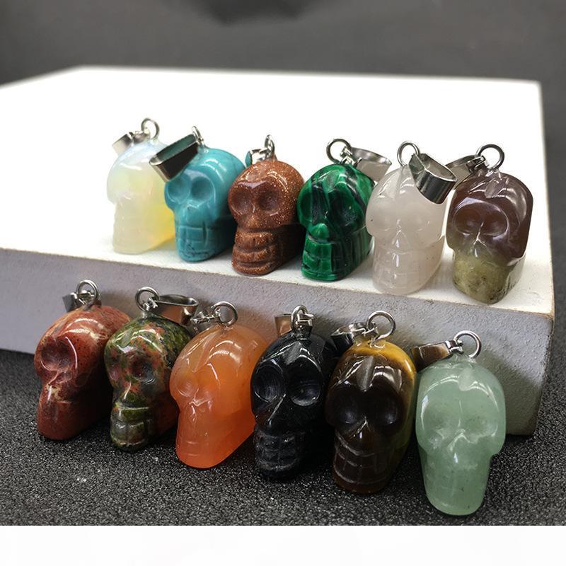 

12pcs set Natural Stone Skull Pendant Necklaces with Leather Chains Crystal Agate Turquoise Opal Pendants Necklace Jewelry Accessories, Silver