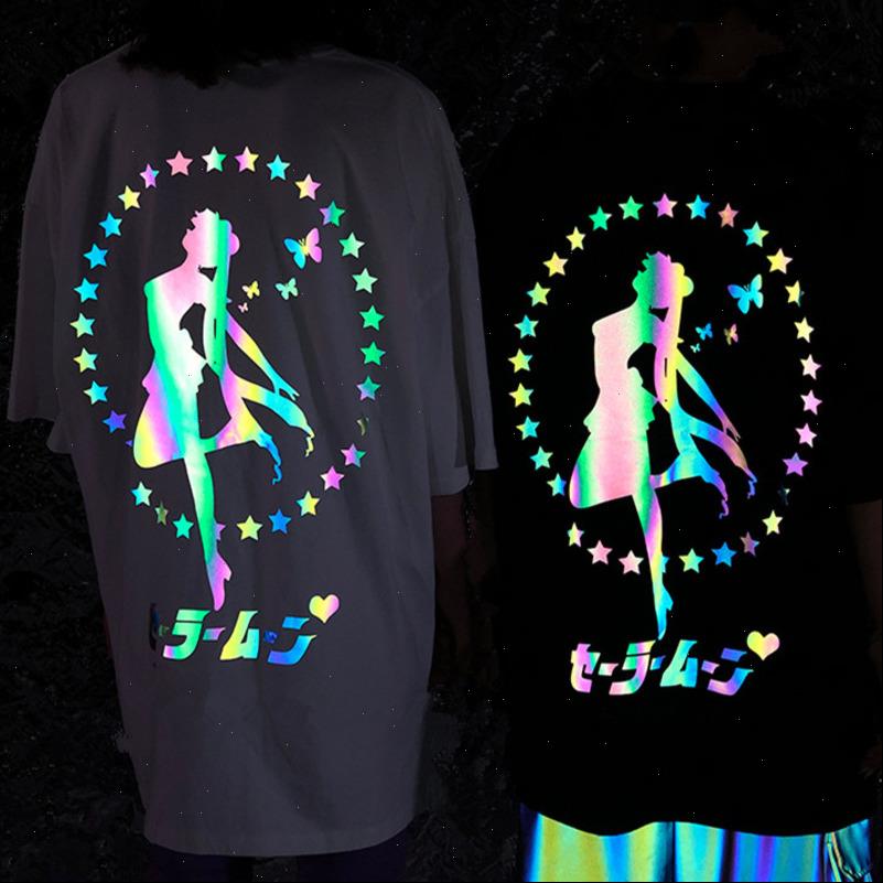 

Womens T Shirts Reflective Anime Sailor Moon Print Harajuku Shirt Women Street Fashion Oversized Short Sleeves Tshirt Luminous Casual Tee, White