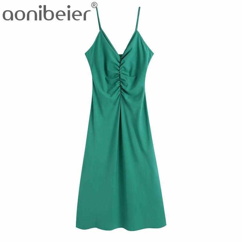 

Women Sleeveless Green Long Dress Sexy V Neck Ruched Backless Spaghetti Strap Maxi Party Ankle Length Cami 210604, 01