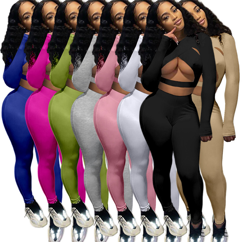 

wholesale womens sportswear sexy y2k top two piece set tracksuits outfits long sleeve trousers sweatsuit pullover tights legging suits klw7230, Mix color