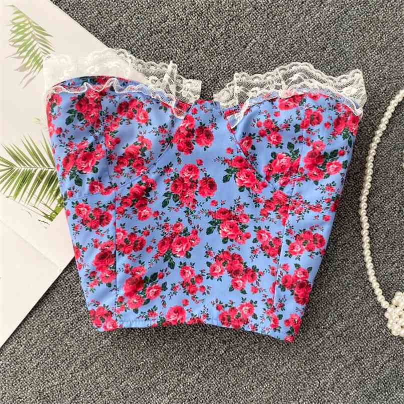 

Ins Fashion Women's Strapless Tube Top Retro Lace Splicing Slim Crop Back Pleated Elastic Sexy Club Holidays Tank s 210603, As picture