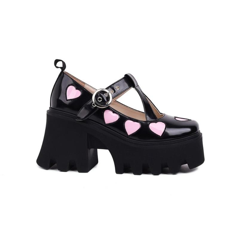 

Dress Shoes Womens Platform Heart T-Straps Creepers Chunky High Heel Oxfords Punk Retro British Styles Black Harajuku 2022