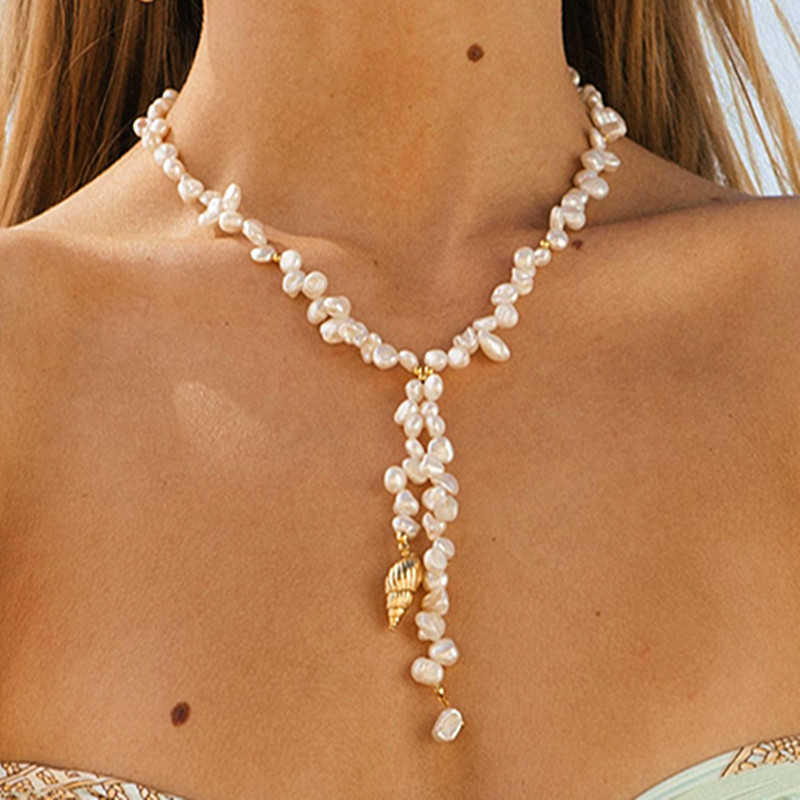 

Boho fashion gold color shell natural pearl handmade beautiful necklace women baroque jewelry charm statement best gift
