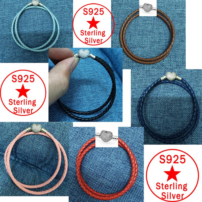 

Link, Chain S925 Sterling Silver Leather Rope Fit Original Bracelet Jewelry Fashion Women's Gif Heart Clasp Black Red Blue