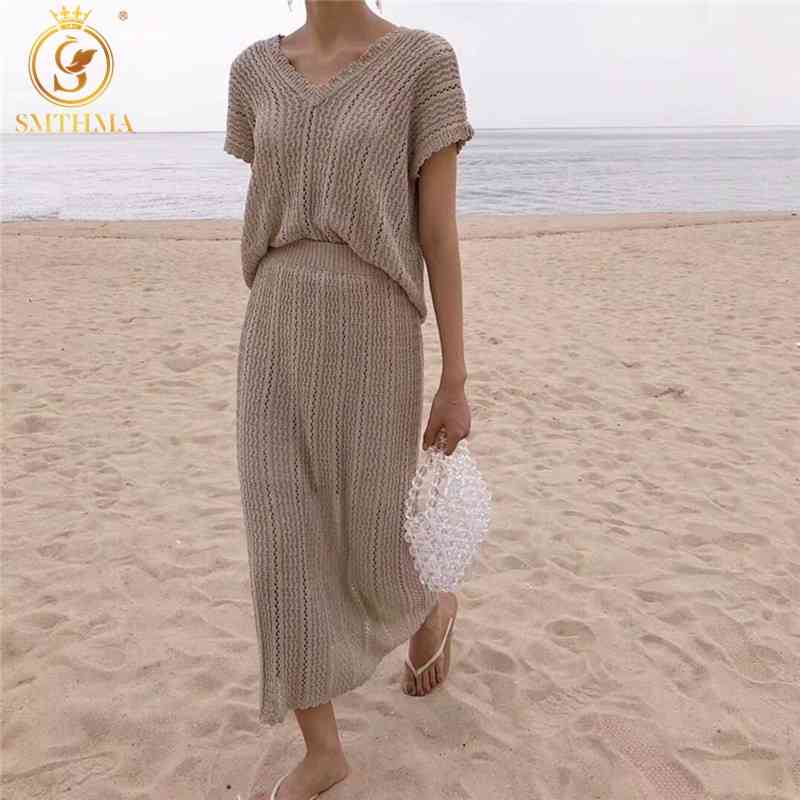 

Women Summer 2 Piece Sets Womens V-Neck Short Sleeve Tops And Korean Elegnat Knitted Long Skirts Sweater Suit 210520, Photo color