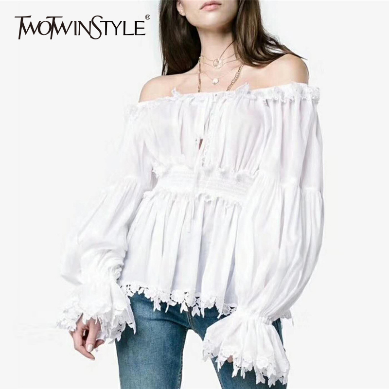 

Off Shoulder Blouse Female Ruffles Lace Up Flare Sleeve Tunic Elastic High Waist White Shirt Spring Fashion Sexy 210524, Black shirt