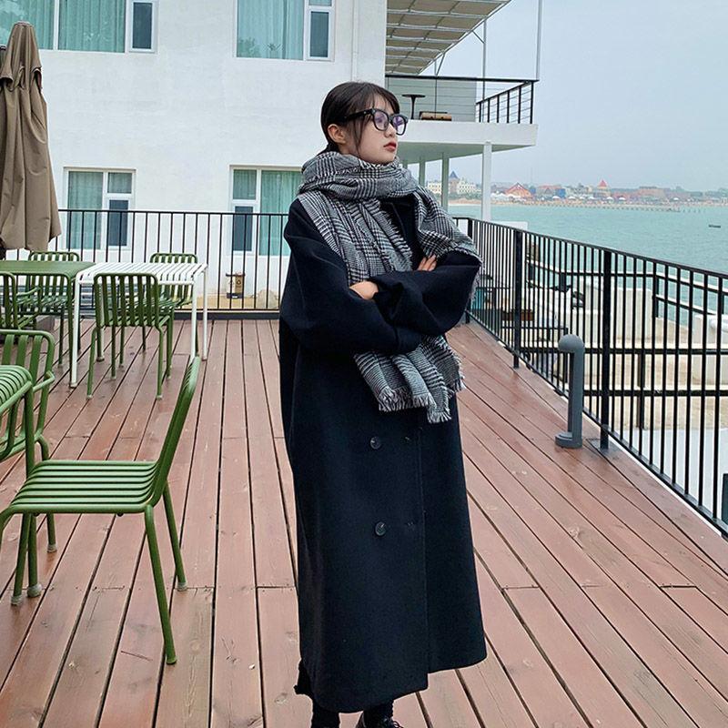 

Women' Wool & Blends 2021 Autumn Winter Women Woolen Coat Female Turn Down Collar Double Breasted Long Jacket Thick Warm Loose L949, Black