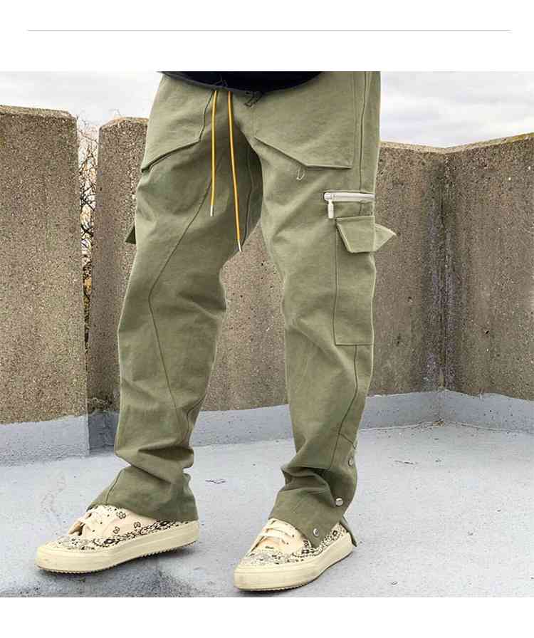 

Black Rhude Overalls Men Women High Quality Zipper Pocket Cargo Pants Buttoned Hem Retro Multi Pockets Trousers