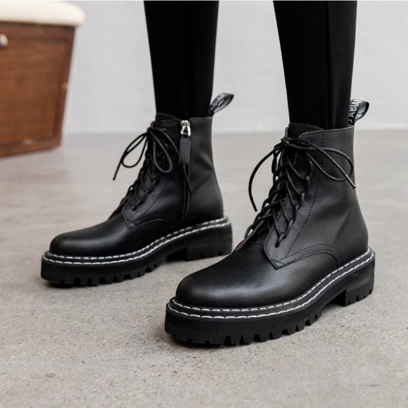 

Boots British High-Top Lace Up Ankle Women Luxury 100% Real Leather Vintage Platform Black Motorcycle Zapatos De Mujer, Black glossy