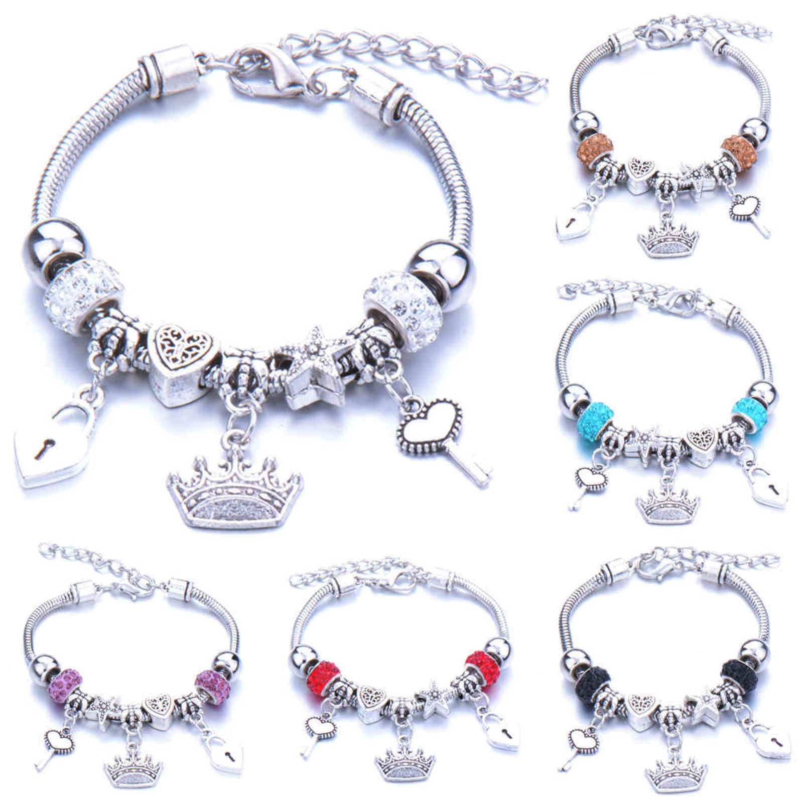 

Antique Original Crown Key Lock Shape 6 Colors Charm Bracelets for Women Glass Beads Brand Bracelet & Bangle Diy Jewelry Gifts