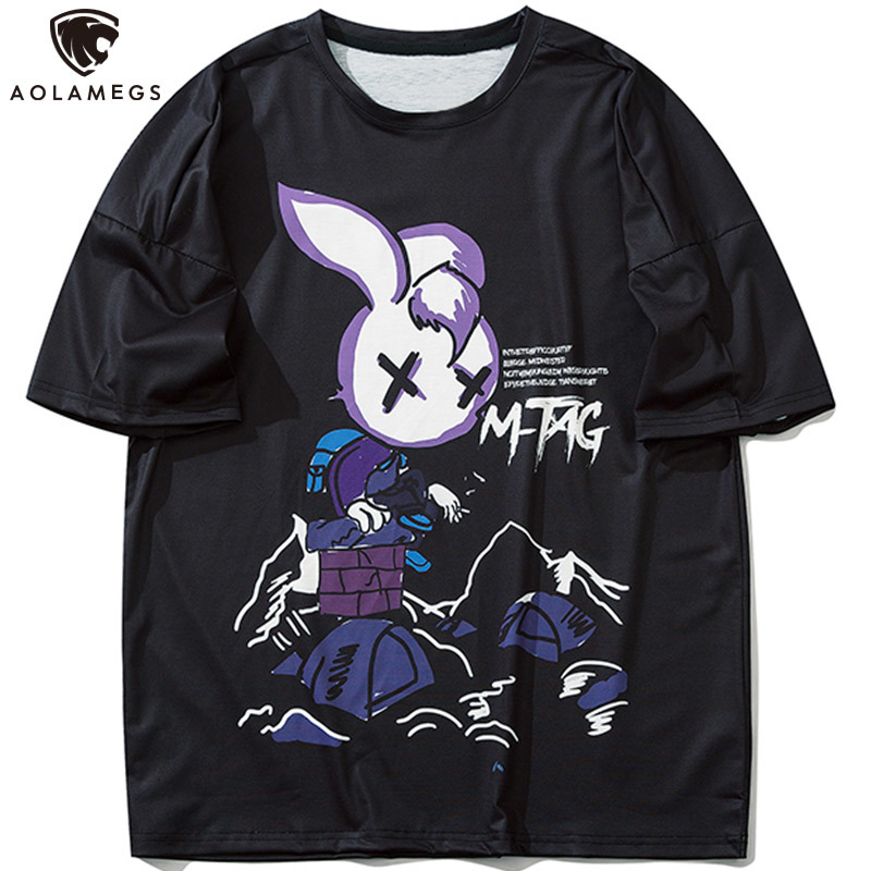 

Men's Polos Aolamegs funny guy t-shirt rabbit print couple T-shirts summer high fashion street style harajuku hip hop streetwear, Black